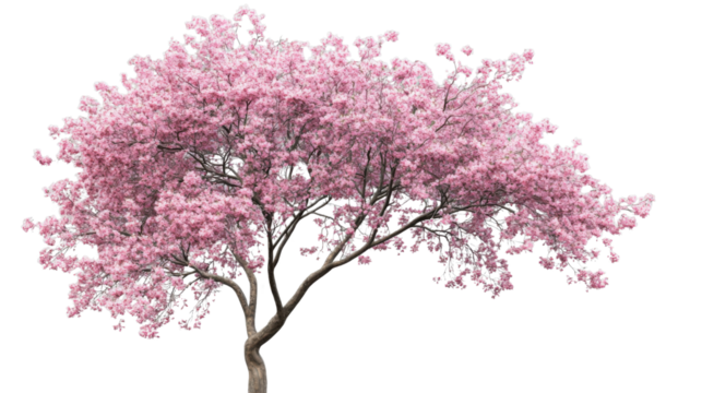 Blooming pink cherry blossom tree on transparent background