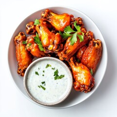buffalo wings with ranch dressing, overhead view, appetizing, isolated on white background
