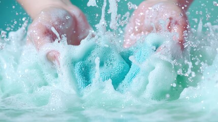 Close-up of Hands Holding a Soapy Sponge in a Splash of Bubbles Against a Soft Aqua Background for Cleaning Concepts