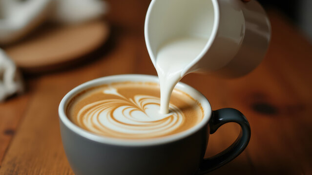 A cup of coffee being topped with steamed milk to create a latte art pattern.