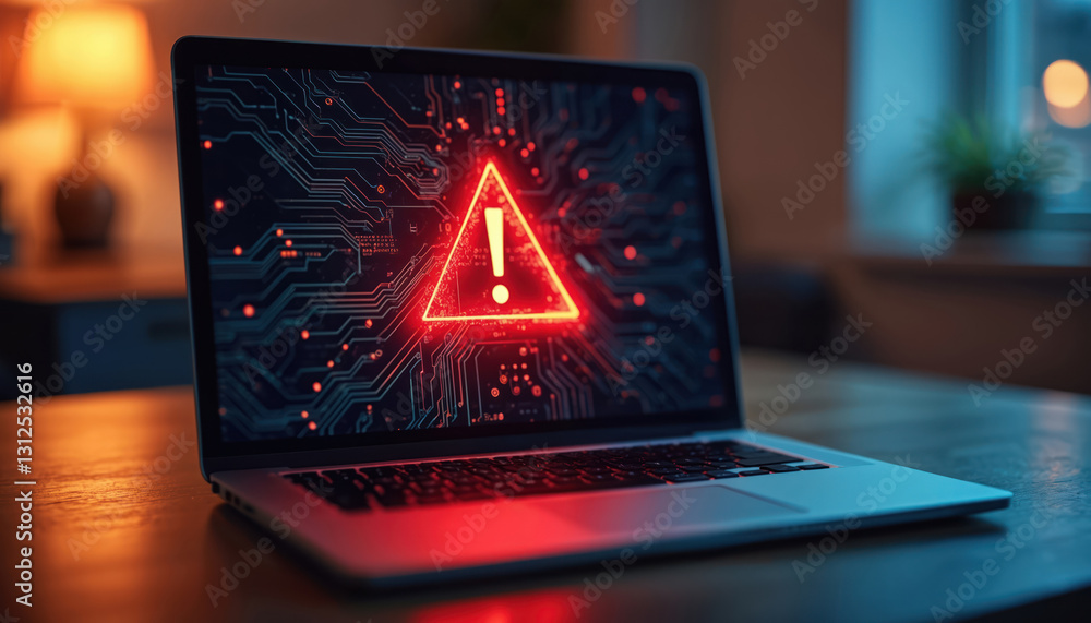 Poster laptop displays warning notification icon about potential security breach. system monitor shows aler