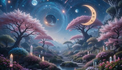 A surreal interdimensional garden blooming under a sky of swirling galaxies, Trees with crystal branches bear glowing fruits that sustain travelers in a state of spiritual enlightenment.