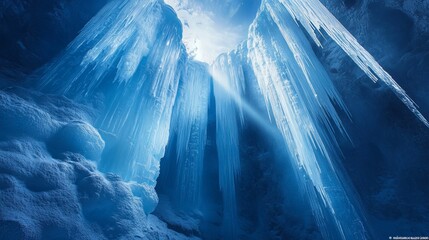 Stunning icy landscape with towering ice walls in shades of blue, illuminated by the sun's rays.