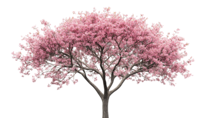 Blooming pink tree isolated on transparent background with lush flowers