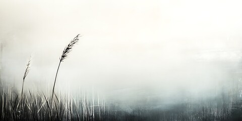 Obraz premium Misty morning, tall grasses emerge from fog, serene landscape
