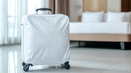 White suitcase in a modern hotel room with bright window light creating a serene travel atmosphere and minimalist decor