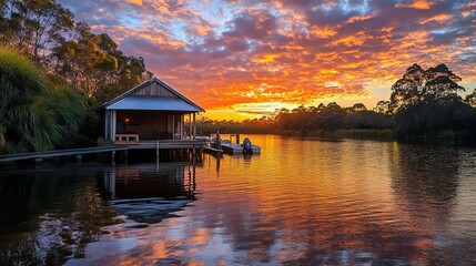Fototapeta premium Sunrise over a boathouse on a river in Perth, Western Australia.