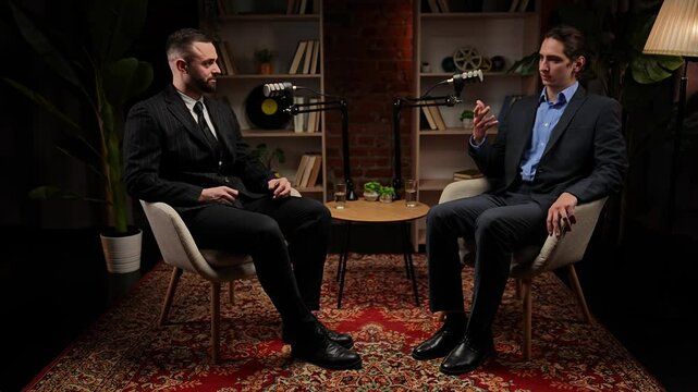 Two experts talking in a cozy, loft-style podcast studio