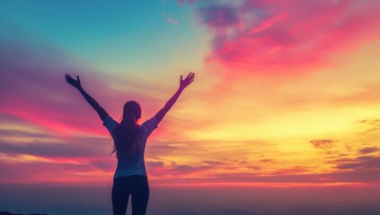 Fototapeta premium Embracing the Horizon: A woman with outstretched arms, silhouetted against a vibrant sunset, symbolizing freedom, joy, and new beginnings.