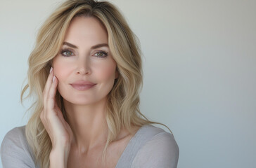 Naklejka premium beautiful senior woman touching her face, light background, skin care commercial style, beauty photography, professional studio lighting, white , beautiful hair and makeup