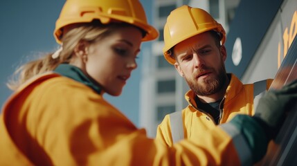 Obraz premium Two Construction Workers in Safety Gear Collaborating on Project at Construction Site, Focusing on Building and Materials