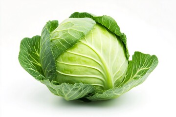Green cabbage with vibrant leaves, isolated on white, promotes healthy eating and farm fresh ingredients