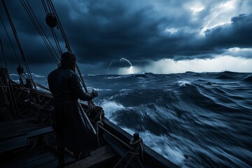 Stormy voyage: lone figure navigating a ship through rough seas.