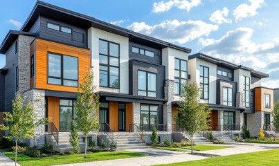 Fototapeta premium Modern modular private townhouses. Residential minimalist architecture exterior.