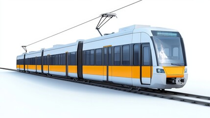 Fototapeta premium A city electric train with a long composition of wagons, isolated against a white background.