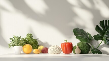 Minimalist Still Life Brain Food Composition with Plants and Brightly Colored Produce, 3D Render, Healthy Eating Healthy Diet, Brain Health