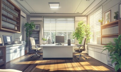 Modern Office Interior with White Table and Chairs