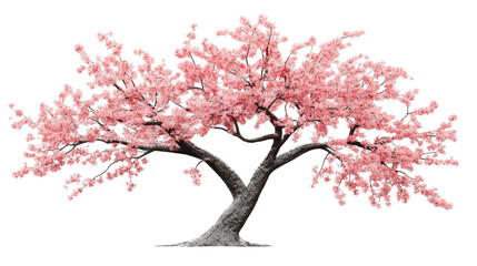Blooming cherry blossom tree with pink flowers on transparent background