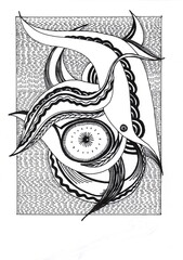 Abstract illustration drawn with a black liner in the form of intricate patterns.