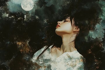 The woman's gentle repose mirrors the quiet beauty of the night sky.