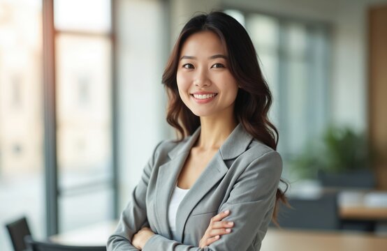 Confident asian businesswoman in office. Smiling female entrepreneur in formal suit with arms crossed. Successful woman manager, business coach poses in office interior. Modern leadership.