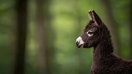 Obraz premium Dark Brown Miniature Donkey Foal in Lush Green Forest