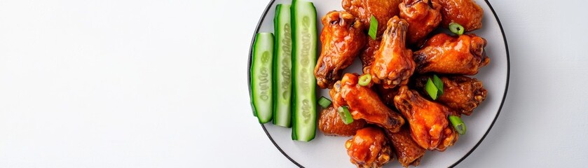 Naklejka premium Buffalo wings with a side of fresh cucumber sticks, cooling contrast, realistic textures, isolated on white background