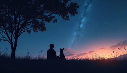Person, dog sit silhouetted against twilight sky peppered bright stars, sharing peaceful contemplation. Evening dusk landscape with friend, pet. Nature companionship under starry sky. Calmness,