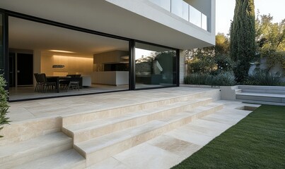 Modern Patio with Stone Steps Leading to Glass Doors