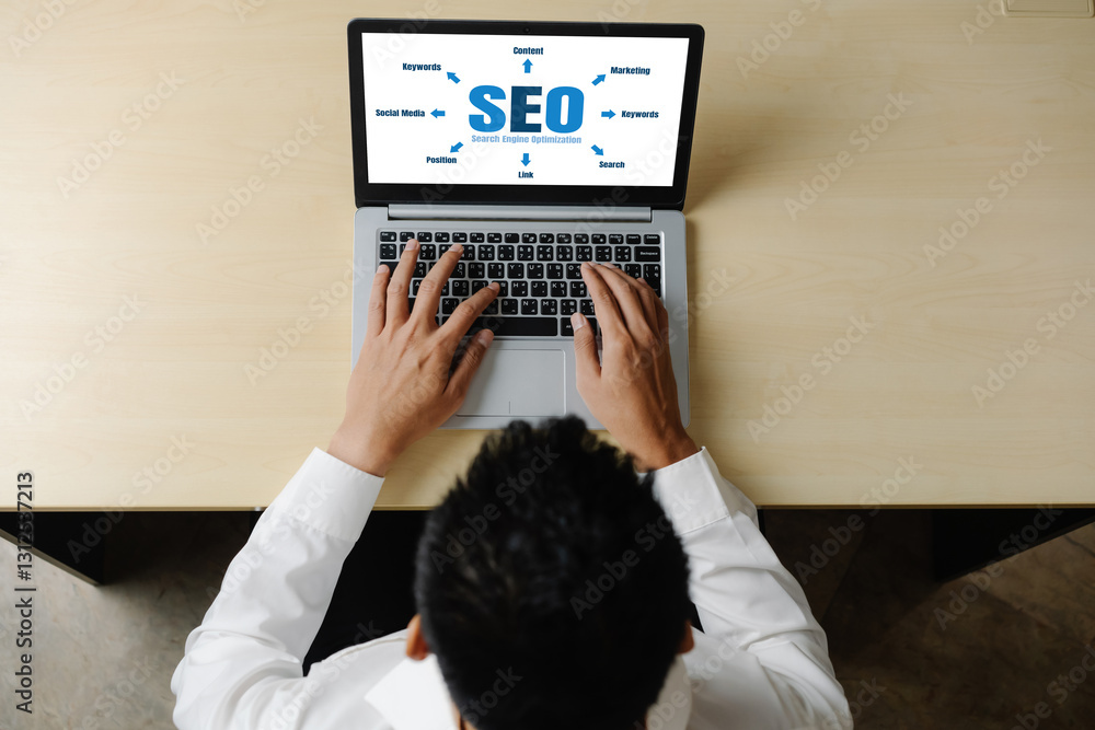 Aufkleber seo search engine optimization for modish e-commerce and online retail business showing on computer 