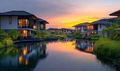 Obraz premium Modern residential complex with serene water reflections during sunset in a tranquil setting