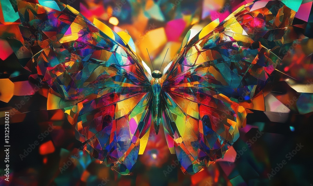 Poster colorful kaleidoscope effect with shards transforming into a butterfly design, showcasing bright col