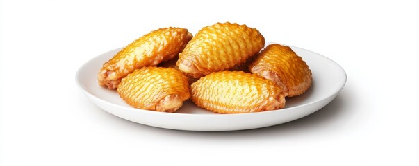 Golden buffalo wings on a white plate, photorealistic, rich texture, isolated on white background