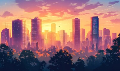 Obraz premium Modern urban landscape with trees and skyscrapers at sunset