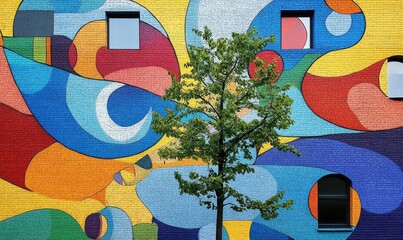Colorful mural adorns a building facade, showcasing artistic design.