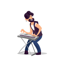 Cartoon illustration of a joyful man playing a keyboard, showcasing creativity and passion for music in a lively studio setting isolated on white background. Rock band member character.