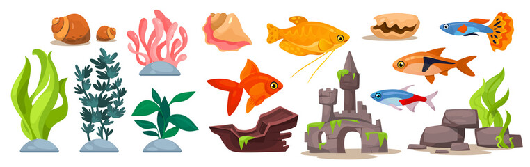 Colorful vector illustration set of aquariums, fish and aquatic plants for decorative, educational materials, children's books, digital projects related to marine life.