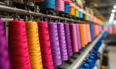 Colorful threads cascading from a textile machine in a factory.