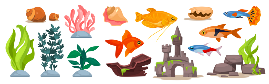 Colorful vector illustration set of aquariums, fish and aquatic plants for decorative, educational materials, children's books, digital projects related to marine life. - Powered by Adobe