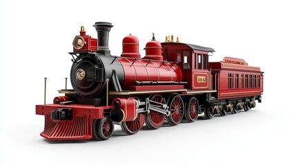 Fototapeta premium A scale model of a red train, isolated against a white background.