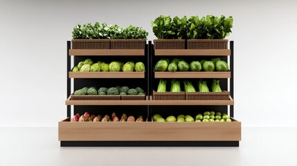 Naklejka premium Fresh produce display featuring various vegetables and greens in a modern grocery setting