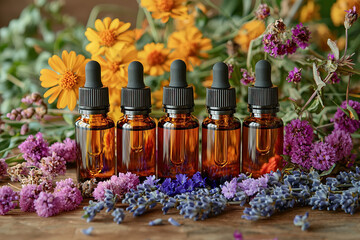 Bach flower therapy: A calming image of Bach flower remedies displayed with nature elements in the background.