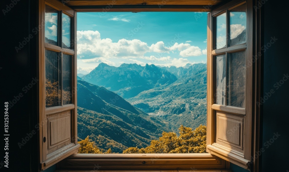 Poster mountain view through open window