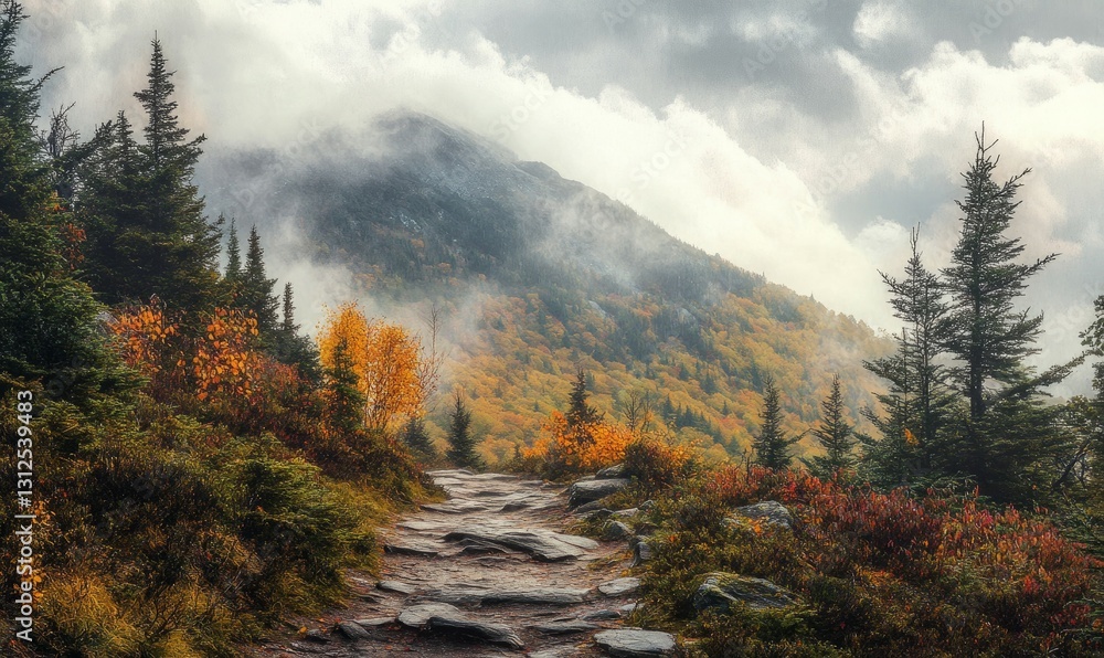 Poster mountain with a path leading up to it. the path is rocky and the mountain is covered in trees. the s