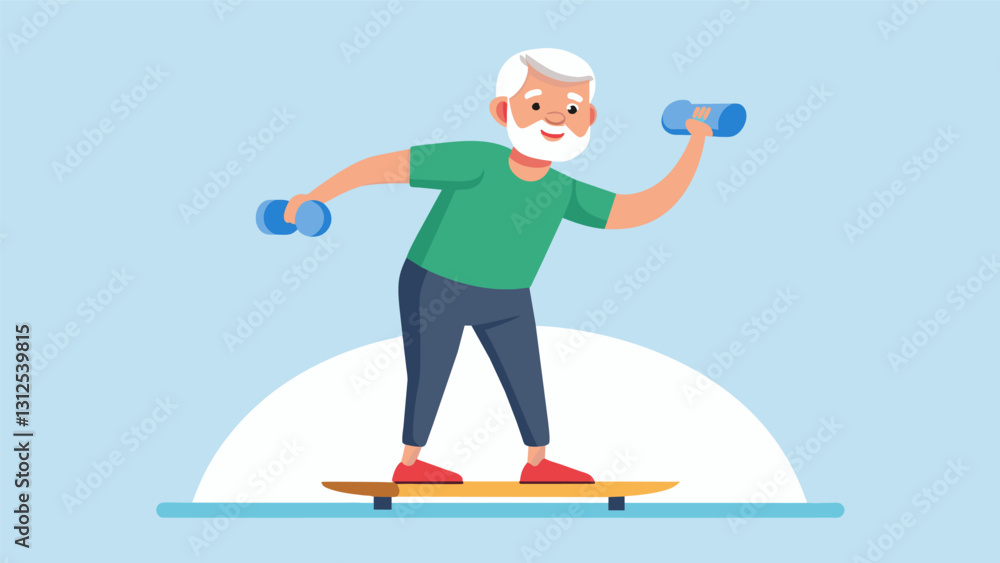 Poster an elderly man using a balance board while performing es with light dumbbells challenging his muscle