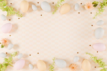 Colorful Easter eggs surrounded by flowers and greenery on a pastel background. 3d rendering