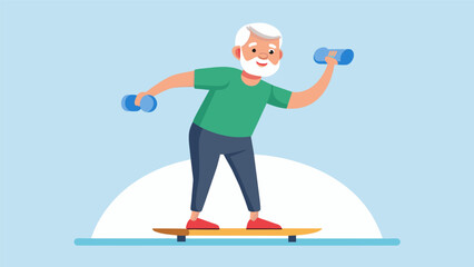 Obraz premium An elderly man using a balance board while performing es with light dumbbells challenging his muscles while also improving his coordination.. Vector illustration