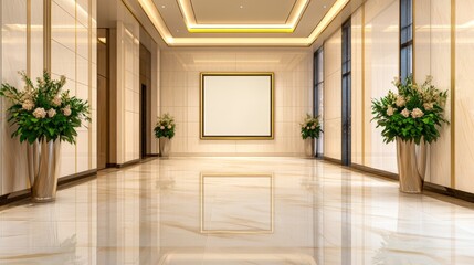 Elegant interior of a modern gallery showcasing empty wall space with decorative plant