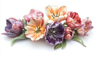 Multicolored tulips on a white background. Bouquet of spring flowers. Isolate on white background