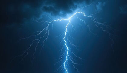Striking blue lightning bolt flashes across dark sky. Power electric energy pulsates through the air. Thunder storm dramatic nature scene. Perfect for weather concepts or natural disaster designs.